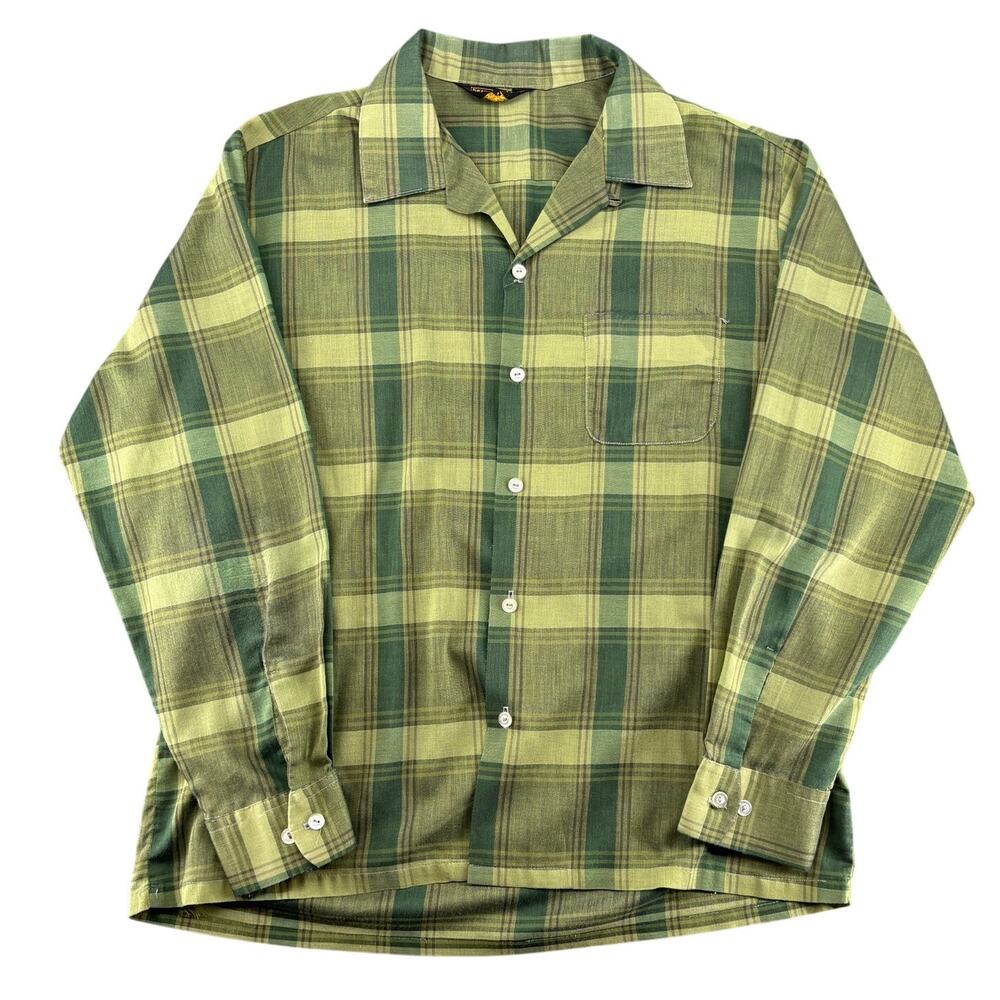 Vintage 1960s Sears Plaid Loop Collar Shirt Men's L Rockabilly Perma Prest